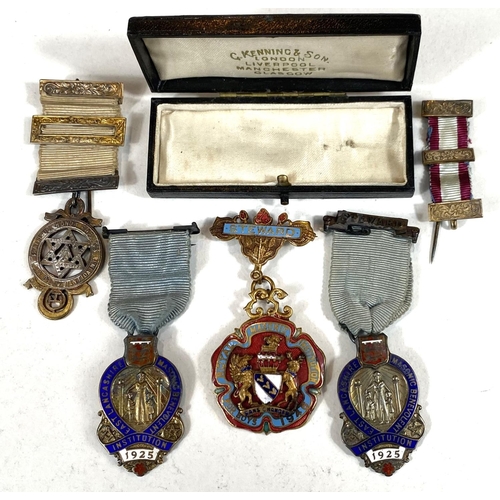 692 - MASONIC BADGES: 2 silver and enamel medals and 3 other items