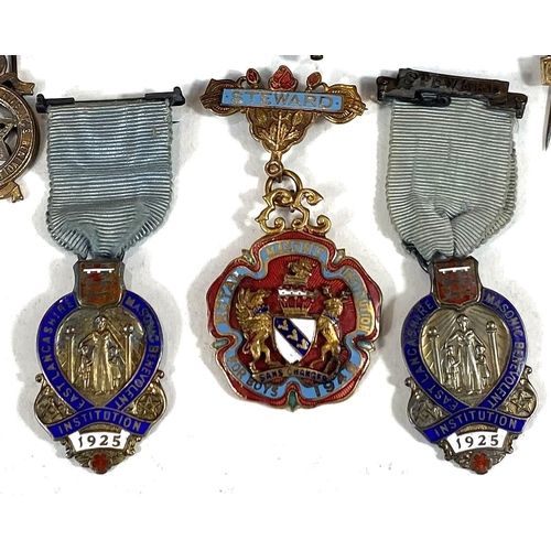 692 - MASONIC BADGES: 2 silver and enamel medals and 3 other items