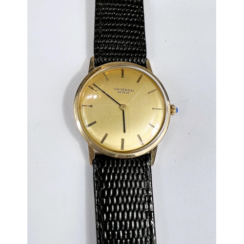 696 - UNIVERSAL GENEVE: a c.1960 gold Swiss watch with gold dial, black hands and black/gold batons, blue ... 