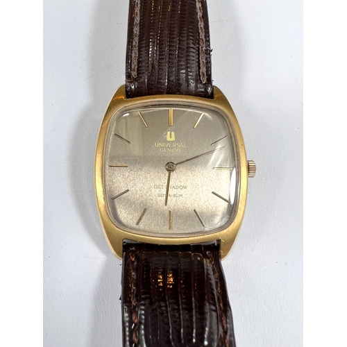 697 - A gentleman's gilt cased Universal Geneve 'Guilt Shadow' wristwatch with Batten numerals square face... 