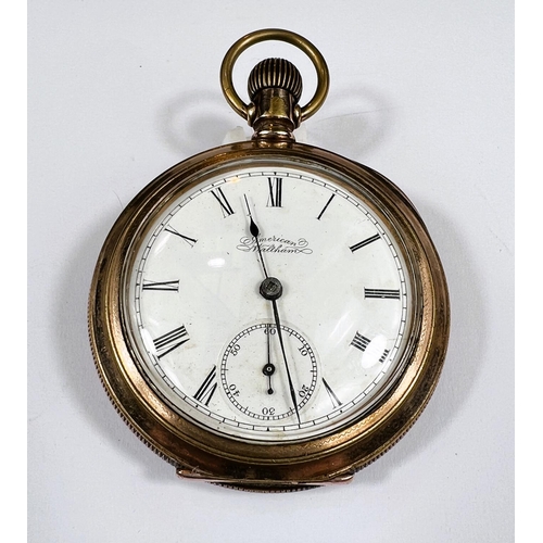 699 - A late night century gold plated Waltham open faced pocket watch with seconds of subsidiary dial