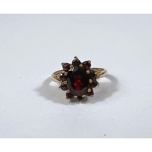 729 - A 9ct gold garnet set dress ring in flower head setting, 3.6gm