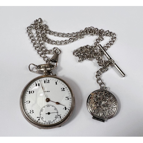 751 - A Vera Silver open face pocket watch with white enamel dial Arabic numerals and a second subsidiary ... 