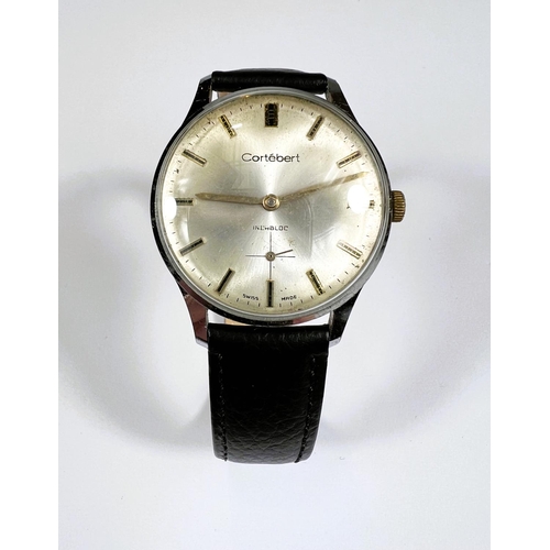 753 - A vintage gentle Cotebert Swiss made wrist watch with button markers stainless steel case later leat... 