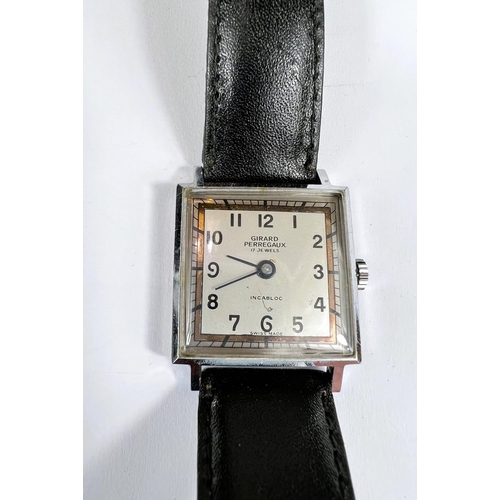 758 - GIRARD PERREGAUX: a vintage manual watch with square silver dial, black hands and Arabic numerals, m... 