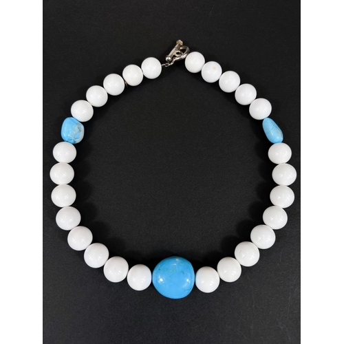 760 - A Pietre D'Amour Howlite bead necklace with white and blue stones, singed white metal clasp 