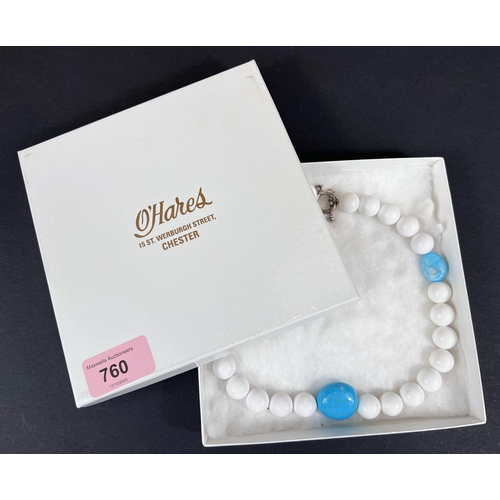 760 - A Pietre D'Amour Howlite bead necklace with white and blue stones, singed white metal clasp 