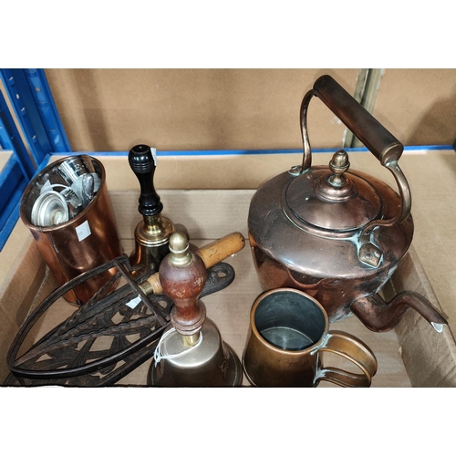 83 - A copper kettle; 2 hand bells; 2 trivets; etc