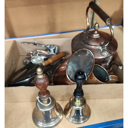 83 - A copper kettle; 2 hand bells; 2 trivets; etc