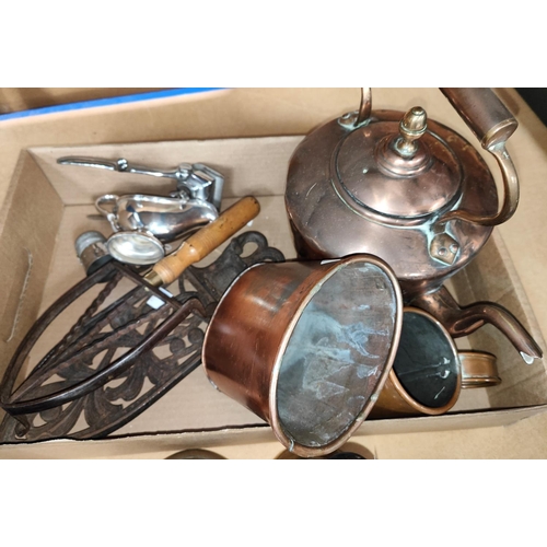 83 - A copper kettle; 2 hand bells; 2 trivets; etc