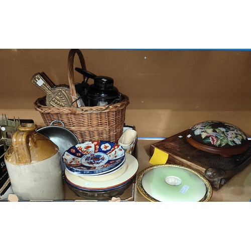 89 - A selection of kitchenalia; a guillotine; pottery