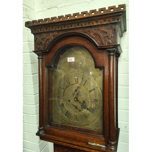 914 - An 18th century oak longcase clock by Joseph Parish, Broughton, the hood with carved and pierced cor... 