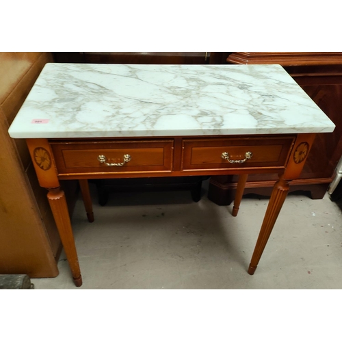 991 - A reproduction marble top side table with double drawers, reeded tapering legs