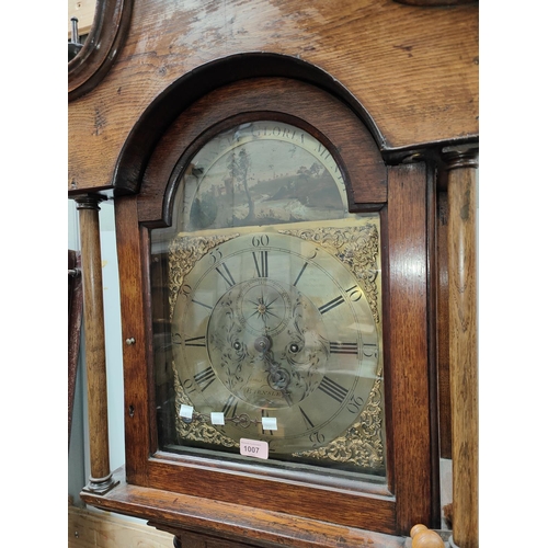 1007 - An 18th century oak longcase clock by James Schofield of Barnsley, with X/B decoration, the hood wit... 