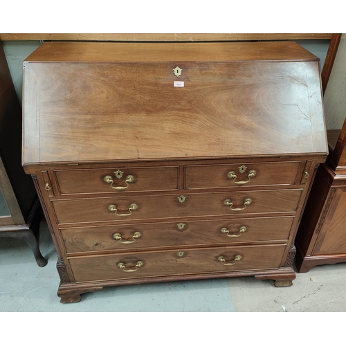 1008 - A mid Georgian mahogany fall front bureau with fall front and fitted interior, 3 long and 2 short gr... 