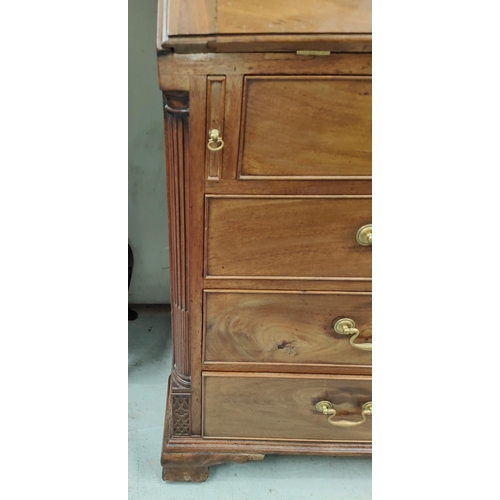 1008 - A mid Georgian mahogany fall front bureau with fall front and fitted interior, 3 long and 2 short gr... 