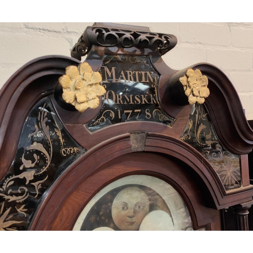 1010 - An 18th century figured mahogany longcase clock by Thomas Atkinson Ormskirk dated 1778, the hood wit... 