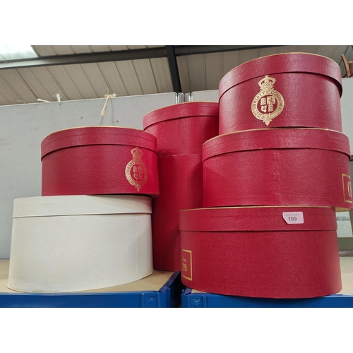 109 - A selection of Vintage Red Christy's London hat boxes of various shapes and sizes with gilt armorial... 