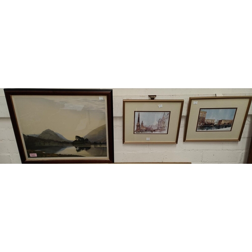 112 - Oil on canvas of a lake scene, framed and glazed, other various pictures etc