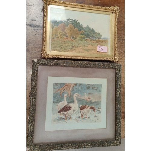 773 - A small watercolour of geese, monogrammed H.B.O '95, framed and glazed 12.5 x 17cm and another water... 