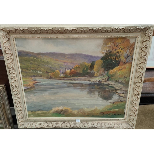 782A - Donald H Floyd:  River landscape with rain, oil on canvas, signed, 37 x 44cm framed