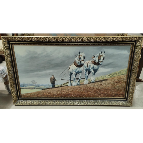 786 - Keith English:  pair of Shire horses with farmer ploughing a field, oil on canvas, signed, 50 x... 