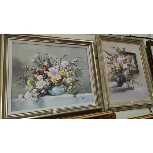 798 - 20th century continental still lives of flowers in vase, pair of oils on canvas, signed, 39 x 49cm a... 