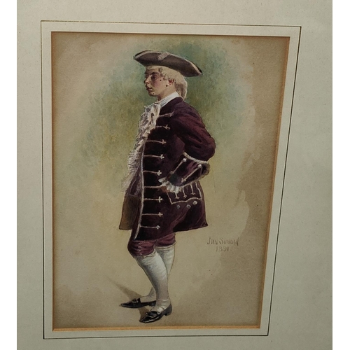 798B - John Snowden, a late 19th watercolour of an 18th century full length portrait  of a gentleman in pur... 