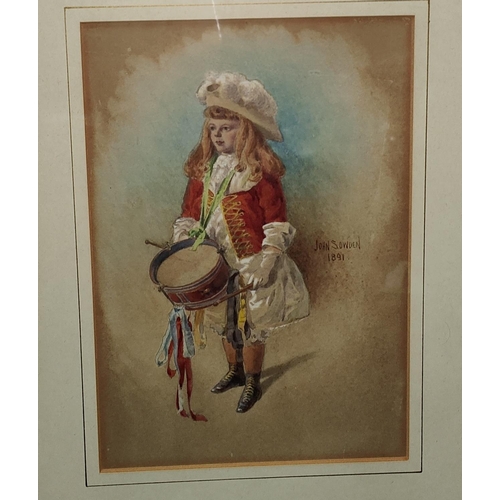 798C - John Sowden, a late 19th century of 18th century drummer boy with long hair,  25 x 17cm signed, date... 