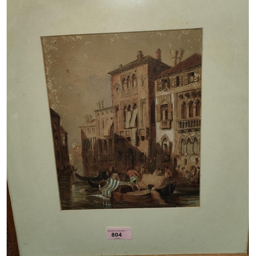 804 - A 19th century Venetian scene of boats on canal, framed and glazed 26 x 21cm and a 19th century etch... 