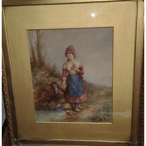 804A - A 19th century Continental School gilt framed watercolour picture of young girl, in clogs eating by ... 