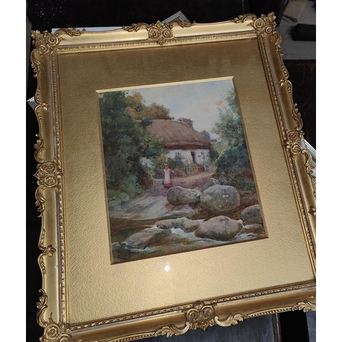 804B - S. Towers: 19th century watercolour girl fetching water at river, framed and glazed