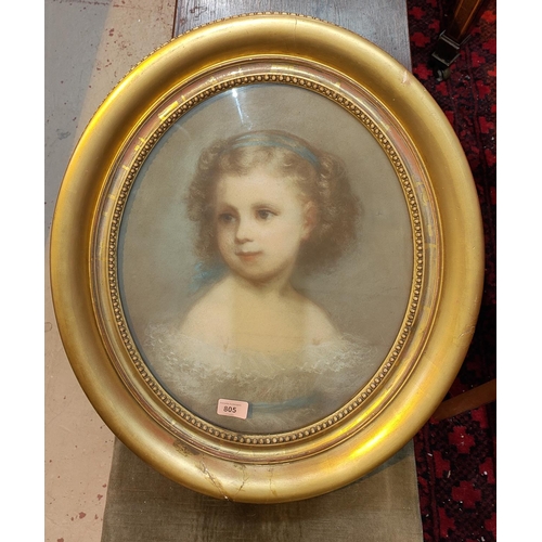 805 - A pastel half portrait of young blonde girl in dress in gilt frame, signature faded, 44 x 36cm