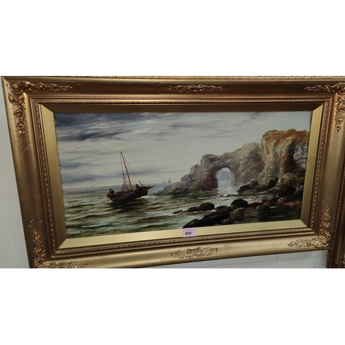 809 - A. Turner (British) 19th century oil on canvas fishing boat off rocky coast, gilt framed, 30 x 60cm