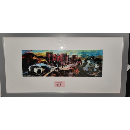 813 - David Wilde; Northern artist abstract oil on card, 'Penrhyn Castle' 9x27cm framed and glazed