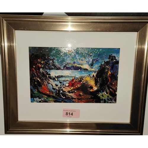 814 - David Wilde; Northern artist abstract oil on card, 'Lyn Idwal' 12x19cm framed and glazed 