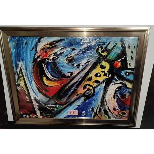 817 - David Wilde; Northern artist abstract oil on card, 'The Kraken' 30x40cm framed