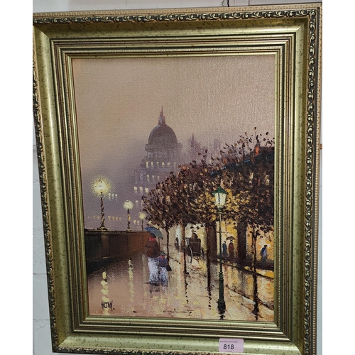 818 - Barry Hilton: oil on canvas, evening street scene in the rain, 40 x 29cm, gilt frame