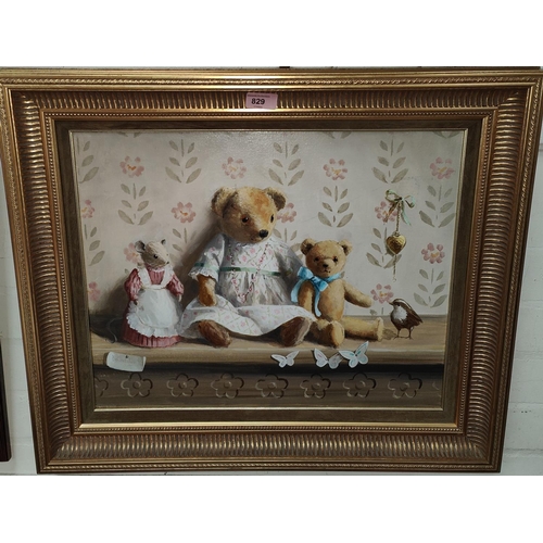 829 - Deborah Jones (1921-2012) 'Teddies with Miss Mouse and Locket'  oil on canvas of teddies and a ... 