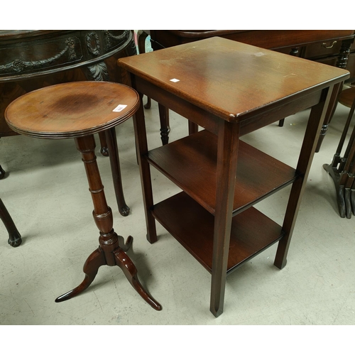 866 - A mahogany occasional tables with column and three splay feet, a wine table and a three height what ... 