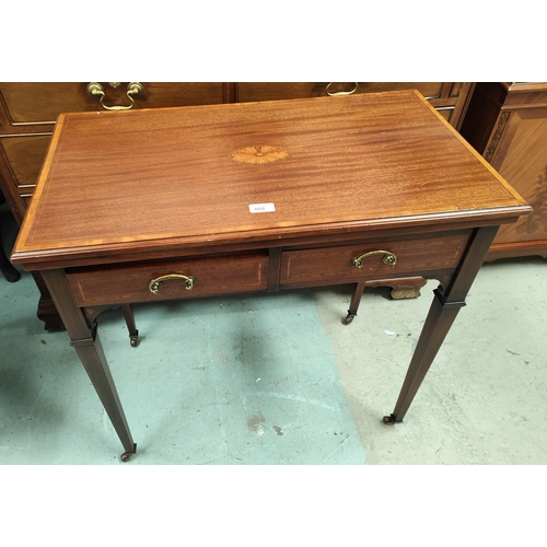 868 - An inlaid mahogany card table with two draws, fold out top, square tapering legs. 