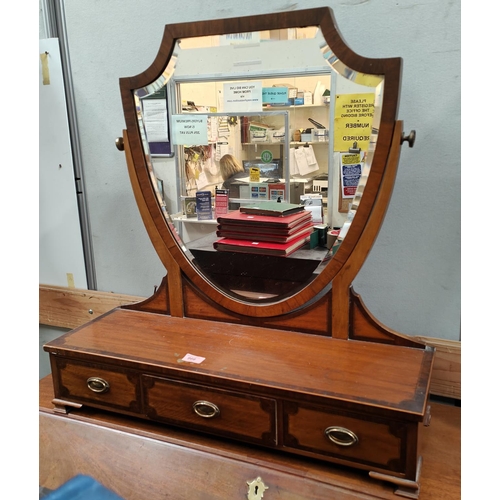 966 - A large shield shaped dressing table mirror inlaid with 3 drawers below, ht. 72cm