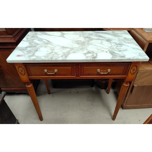 991 - A reproduction marble top side table with double drawers, reeded tapering legs