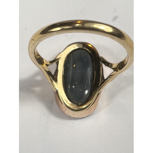 609 - An 18ct gold oval shaped black opal (14mm x 9mm) doublet ring, 3.37gms, ring size K/L.