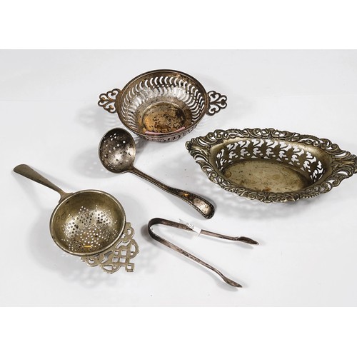 638 - A hallmarked silver pickle fork, pierced hallmarked silver two handled dish, a pair of hallmarked si... 