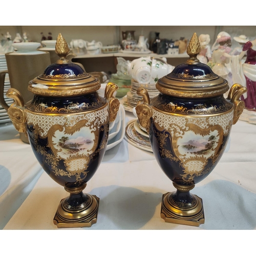 465 - A pair of Coalport hand painted urns in blue and gilt with rams head handles (one chipped piece pres... 