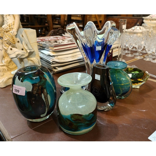 599 - A Mdina vase, other similar studio glassware and a Waterford rose