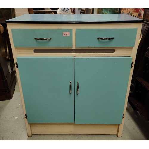 916 - A 1930's kitchen base unit in blue & white, with double cupboard and 2 drawers