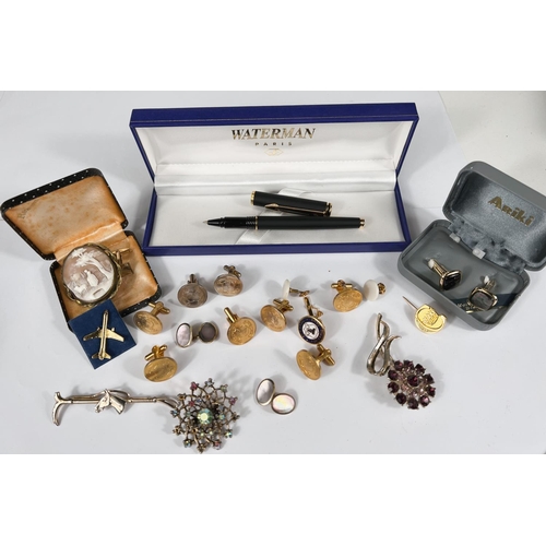 684 - A selection of cufflinks, mother of pearl inlaid; others; Cameo brooch and a boxed Waterman pen etc.