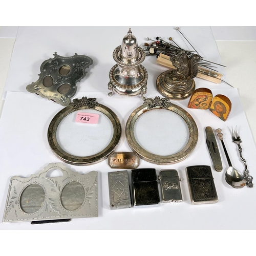 743 - Silver plate including sugar sifter, photo frames, whiskey label and pen knife, hat pins etc